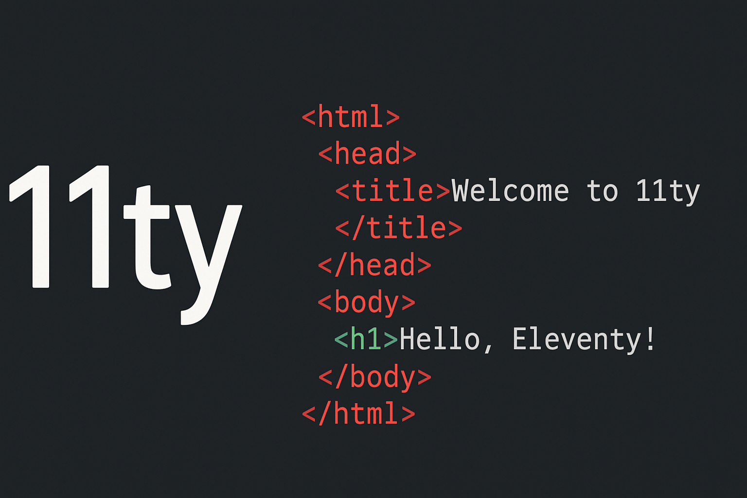 11ty static site generator logo and code on a dark background